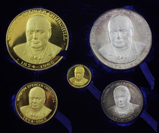 A cased set of Winston Spencer Churchill (1874-1965) commemorative gold and silver medallions by Gregory & Co